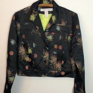 Vintage 90s Asian Style Jaquard Embroidered Silk Blend Trucker Jacket